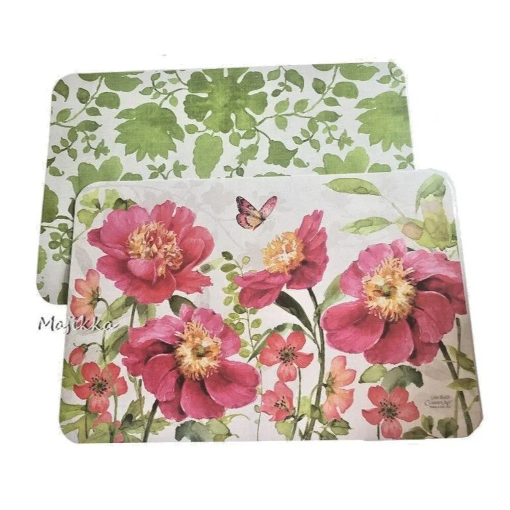 CounterArt Pink Floral Garden Placemats Set of 4 Vinyl Double Sided 17x11